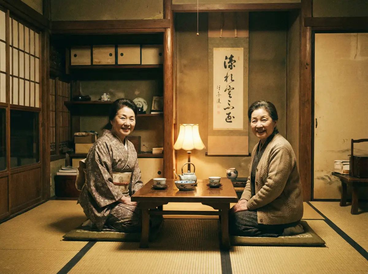 两位优雅的 天博体育网站 在日式茶室中品茶交谈
